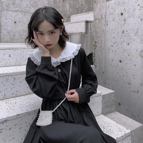 Gothic Lolita Kawaii Dress Women Peter Pan Collar Black Midi Dress Long Sleeve Lace-up Mall Goth Girls Japanese Harajuku Robe