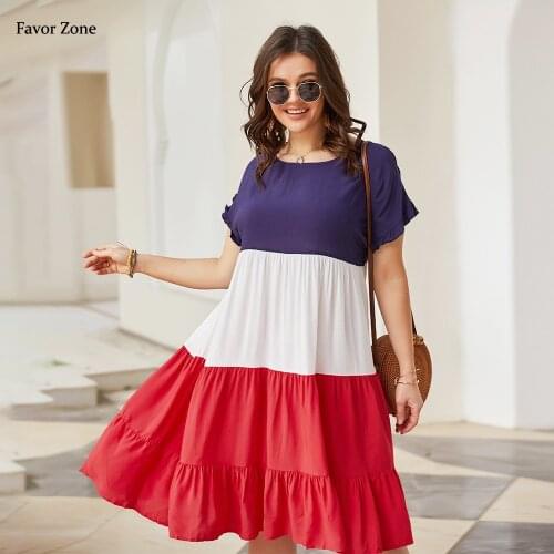 Patchwork Color Midi Plus Size Dresses Women Summer 2021 Elegant Casual Loose A-line Short Sleeve Large Size Party Dress XL-4XL