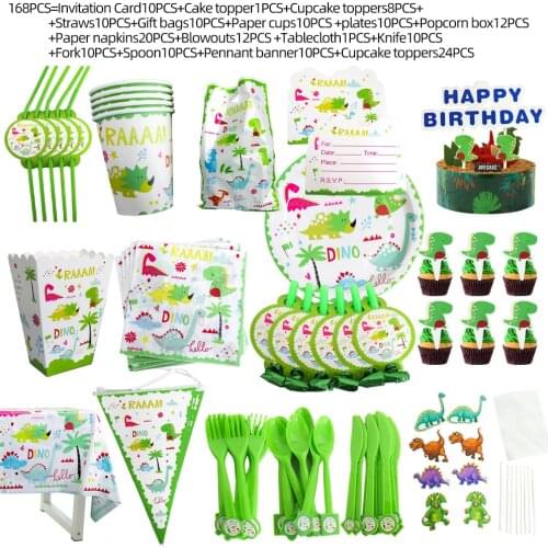 168 Pcs Dinosaur Party Plates Kids Party Supplies Dino Theme Disposable Party Tableware Jungle Decoration Birthday Set Baby Show