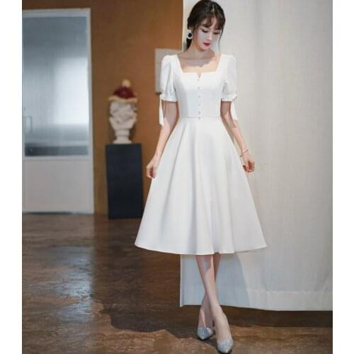 #4218 Gorgeous 2021 New Style Korea Square Neck Lantern Sleeve Satin Tea Length Wedding Dress Bridal Gown