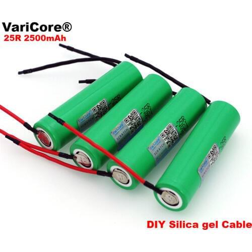 6pcs/lot VariCore New 18650 2500mAh Rechargeable battery 3.6V INR18650-25R 20A discharge + DIY Silica gel Cable