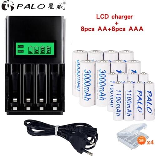 PALO 1.2V Nimh Rechargeable AAA Batteries AAA+AA Rechargeable Battery AA Batteria 3000mah+1.2V AA AAA Battery Smart Charger LCD