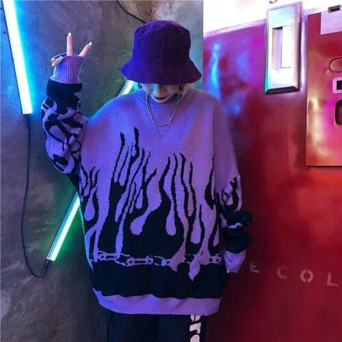 Oversize Fall Winter Harajuku Flame Knitting Batwing Sleeve Sweater Casual Long Women Tide Printed Loose Boyfriend Pullovers Top