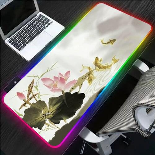 Large Mouse Pad RGB Chinese Landscape Lotus and Koi Fish Non-Slip Rubber LED Backlight Laptop Office Keyboard Pad Mousepad XXL