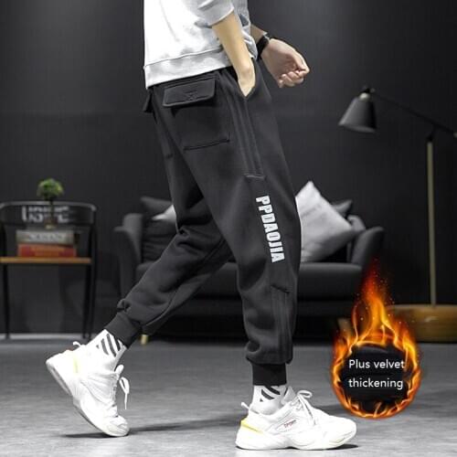 Mens Pants Winter Japanese Large Size Mens Tie-foot Striped Printing Plus Velvet Thickening Casual Sports Pants Joggers Men