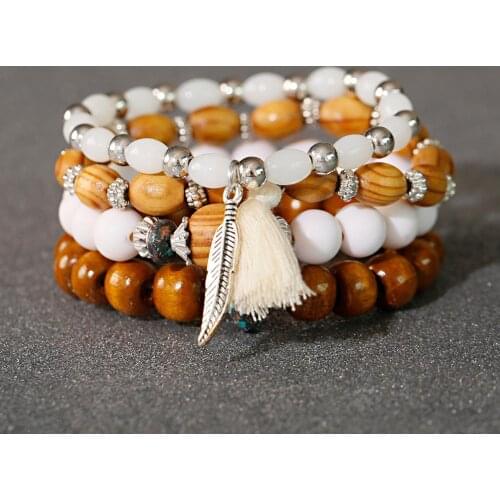 Wooden Beaded Charms Bracelets For Women Jewelry Tassel Silver Color Leaf Bracelet Stone Wristband Bangles For Party 4pcs/Set