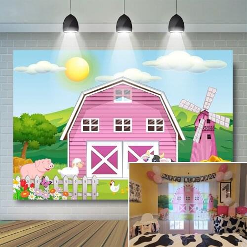 Pink Farm Backdrop Kids Child Photography Background Cows Wood House Chicken Baby Birthday Cash Smash Decor Photostudio Props