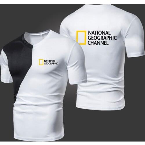 Summer New National Mens T-Shirts Solid Color Splicing Casual Breathable Sports Slim Fitting Short Sleeve V-Neck Spotswear