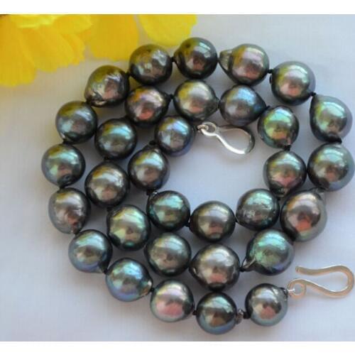 Beautiful lustre 13mm peacock black almost round Edison freshwater pearl necklace 17inch