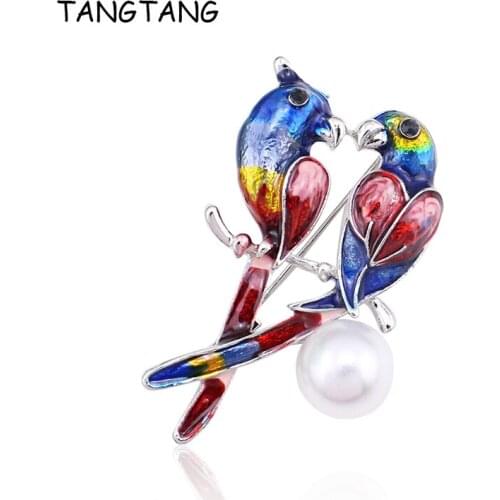 TANGTANG Birds Brooch Enamel Painted Animal Brooches Double Brids On Branch Multicolors Rhinestone Brooch Pin For Men And Women