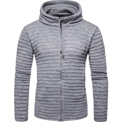 Mens Hooded Cardigan Sweater Jacket Solid Color Striped Sweater Men Clothes 2018 Men Winter Sweater