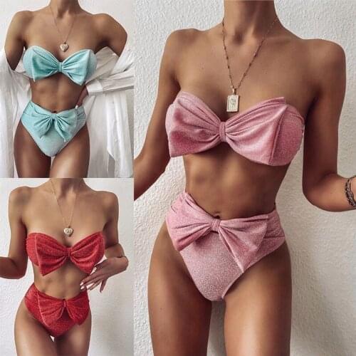2020 New Fashion Ladies Solid Color Nylon Swimsuit Sexy Open Back Split Bright Silk Swimsuit Swimsuit Bikini
