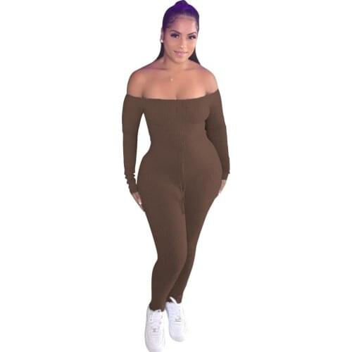 Adogirl Fall Solid Ribbed Women Jumpsuit Sexy Off Shoulder Long Sleeve Waist Drawstring Bodycon Romper Casual Fitness Playsuit