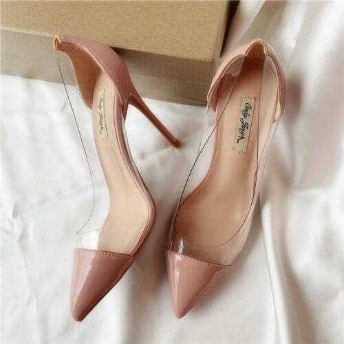 Free shipping fashion women pumps nude patent leather pvc clear pointy toe High heels stiletto stripper heeled shoes 12cm 10cm