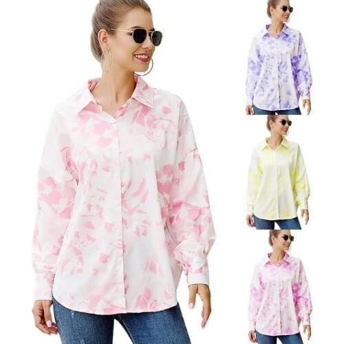 Spring and Summer Casual Womens Loose Printed Long-sleeved Shirt Polyester Printed Cardigan Long-sleeved Lapel Large Size Shirt