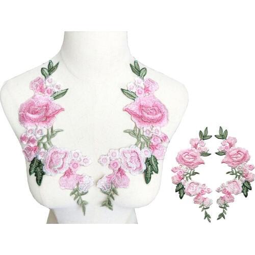 2PCS 27CM Embroidered Sew On Patches Roses Flowers Peony Pink Wedding Appliques Lace Trims For Bride Evening Dress DIY