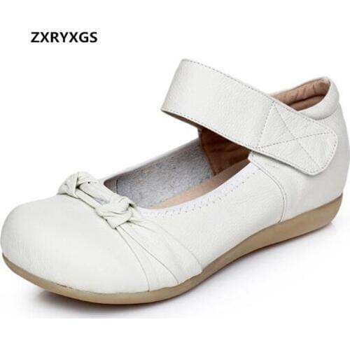 2019 Newest Single Loose Comfortable Soft Cowhide Leather Shoes Women Flat Shoes Fashionable Casual Shoes White Bow Women Flats