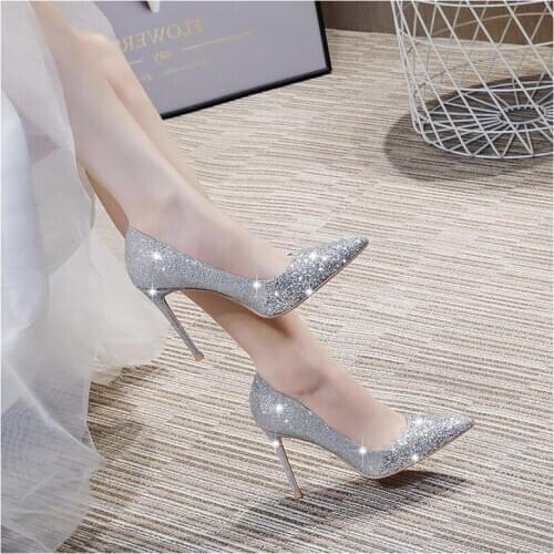 Small stiletto shoes female spring 2021 pointed shallow mouth sexy crystal single shoes silver sequin banquet dress wedding shoe