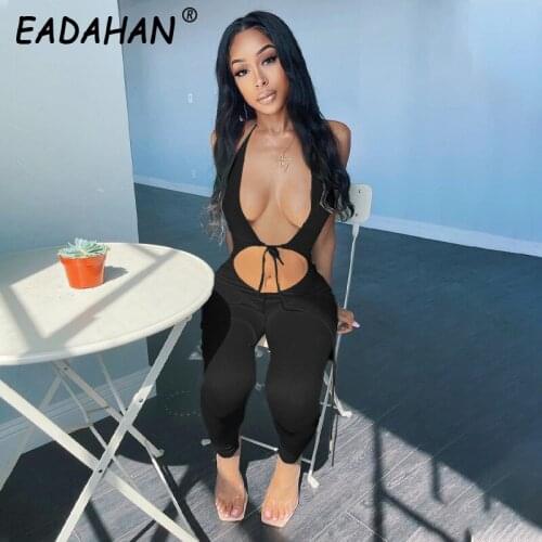 EADAHA Solid Color And V-Neck Sexy Backless Jumpsuit Womens Jumpsuit Pencil Pants Sleeveless V-Neck Halter Lace Up Romperit
