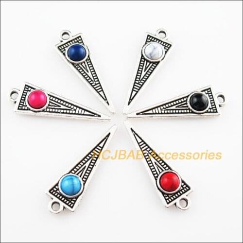 12 New Triangle Mixed Charms Stone Tibetan Silver Tone Pendant 9x29.5mm