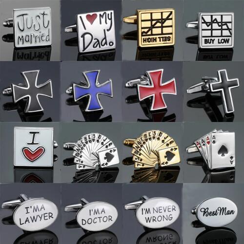 18 Mixed Luxury Shirt Cufflink for Mens cross/Poker/stock/dad/wife Brand Design Cuff Buttons cuff links abotoaduras Jewelry