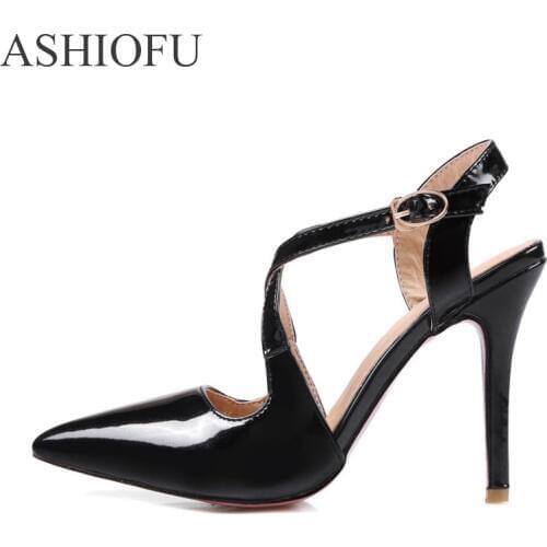 ASHOIFU Handmade Ladies High Heel Pumps Cross-buckle Strap Pointed Toe Party Prom Shoes Large Size Fashion Evening Court Shoes
