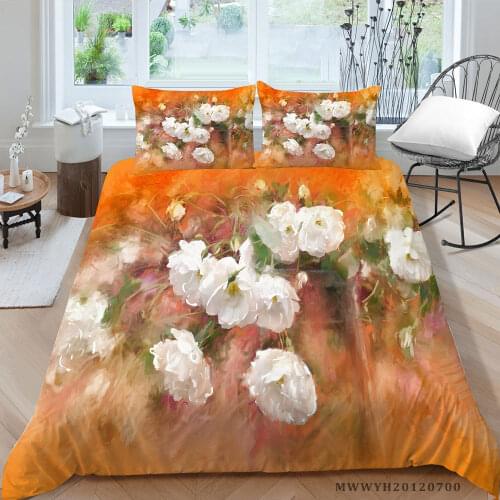 White Flowers Bedding Set Rose Print Creative Fashion Duvet Cover King Twin Full Single Double Artistic Bed Set Orange