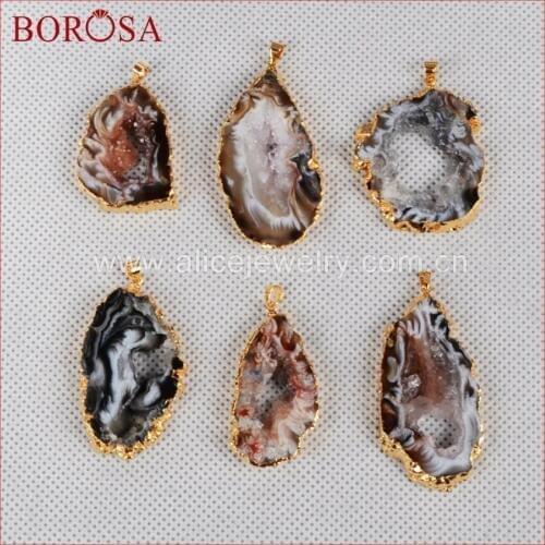 BOROSA 10PCS Gold Color Natural Onyx Druzy Agates Druzy Geode Slice Pendant Beads Freeform Drusy Pendant for Women Jewelry G0088