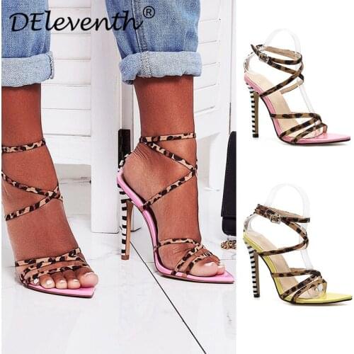 Women Sandals Thin High heels Gladiator Buckle Strap Fashion Shoes Pointed Toe Flock 11.5CM sandal women shoes 2020 size 35-42