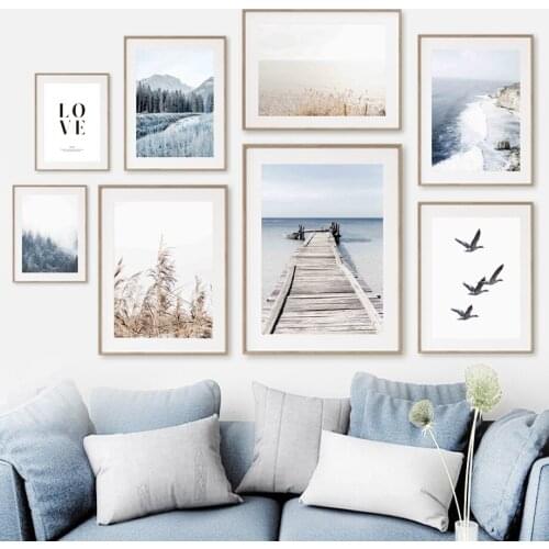 Plank Bridge Pine Tree Beach Reed Pigeon Wall Art Canvas Painting Nordic Posters And Prints Wall Pictures For Living Room Decor