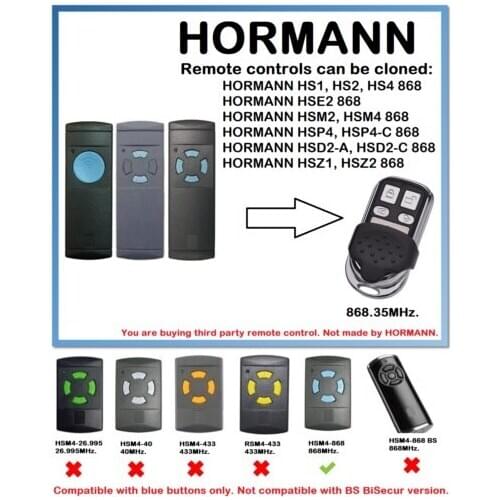 HORMANN HS1 HS2 HS4 868 HSE2 HSM2 HSM4 HSP4 HSP4-C HSD2-A HSD2-C HSZ1 HSZ2 Remote Control Duplicator 868.35MHz