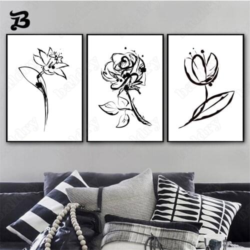 Canvas Painting Black and White Flowers Minimalist Style Wall Art Nordic Posters and Prints Wall Pictures for Living Room Decor