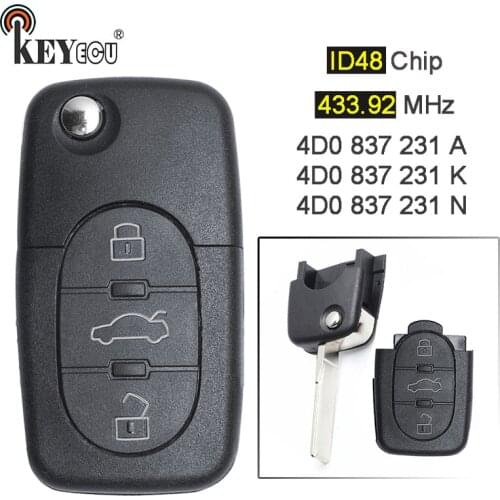 KEYECU 433.92MHz ID48 P/N: 4D0 837 231 A / K / N Flip 3 Button Remote Car Key Fob for Audi A3 A4 A6 A8 S6 TT Quattro