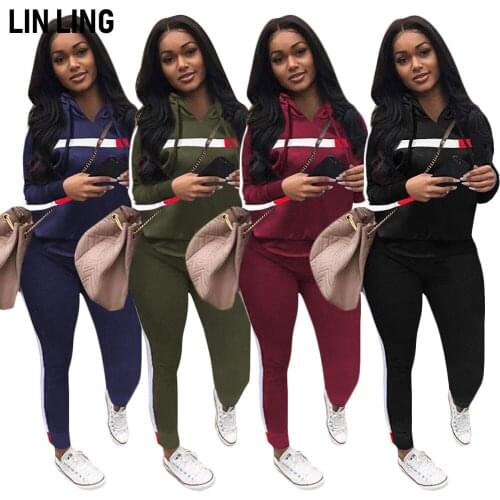 LINLING Sporty Temperament Multicolor Stripe Stitching Casual Suit Long Sleeve Hooded Suit