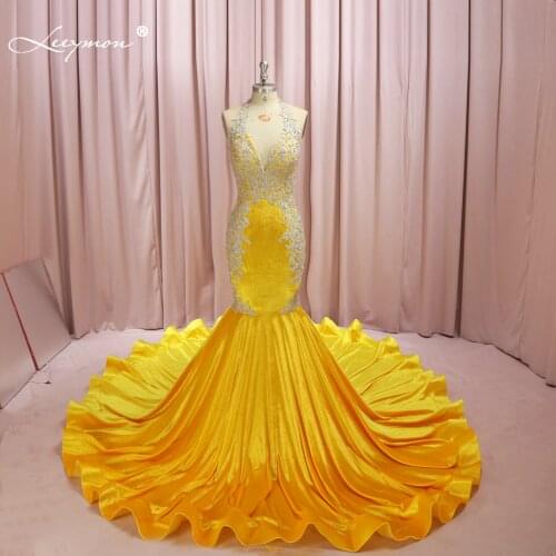 Leeymon 2020 New Mermaid Evening Dresses Gold Halter V Neck Sexy Beaded Vestido De Festa Long Backless Dinner Party Dress