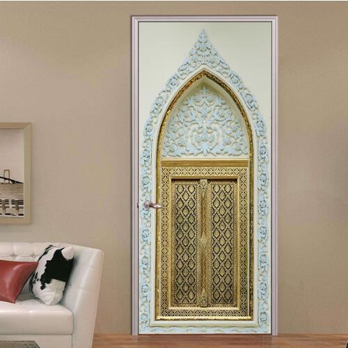 Hot Free Shipping Wholesales Door Sticker Golden Muslim Arabic Style Door Picture Mural Sickers Photo Wallpaper Poster