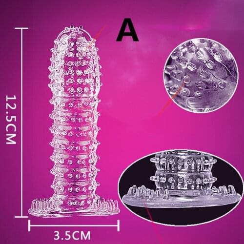 Extension Reusable Condom Penis Sleeve Male Enlargement Time Delay Spike Clit Massager Cover Crystal Clear Condoms Adult Sex Toy
