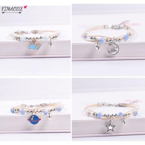 FIMAODZ Ins Fashion Whale Moon Star Bracelet for Kids Couple Universe Planet Fish Tail Design Woven Bracelets Lovely Bangle