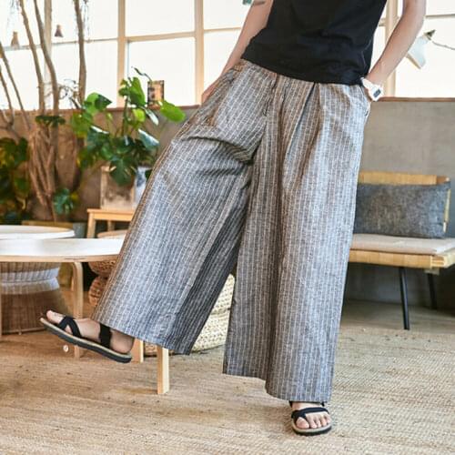 Mens Linen Loose Boot Wide Leg Striped Pants Kimono Trousers Plus Size Loose Casual Pants Wide Leg Cotton Linen Trousers
