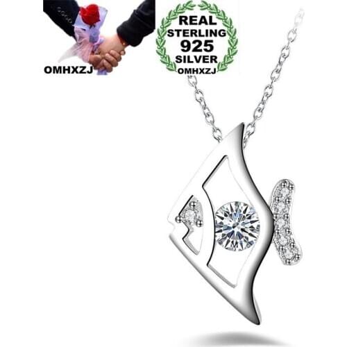 OMHXZJ Wholesale Personality Fashion OL Woman Girl Party Gift Silver Fish AAA Zircon 925 Sterling Silver Pendant Necklace NC105