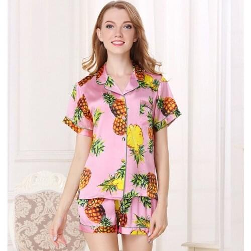 Pure 100% Mulberry Silk Pajamas Set Women Pink Korean Fashion Printed Natural Silk Sleep Suit Sleepwear Nightwear Summer