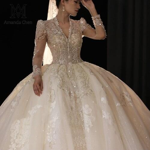 Luxury Long Sleeves Lace Applique Crystal Keyhole Back Wedding Dress