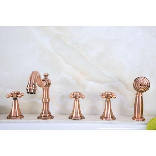 Antique Red Copper Brass Deck 5 Holes Bathtub Mixer Faucet Handheld Shower Widespread Bathroom Faucet Set Basin Water Tap atf216