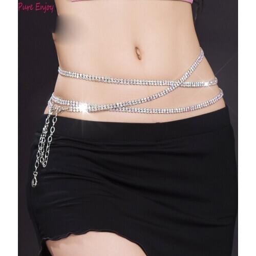 Women Belly Dance Accessories Sexy Lady Crystal Rhinestone Diamond Waist Belt Dancing Golden Jewelry Chain Ornament 210cm