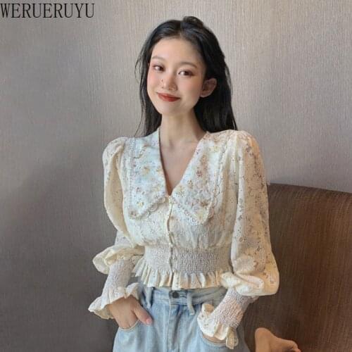 WERUERUYU Embroidery Lace Shirt Spring Women Long Sleeve Linen Cotton Blouse Casual Apricot Tops