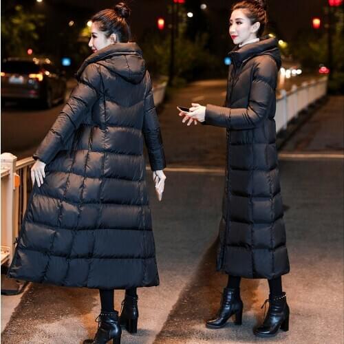 Cotton padded womens winter long knee down cotton padded jacket with hat thickened and slim padded jacket