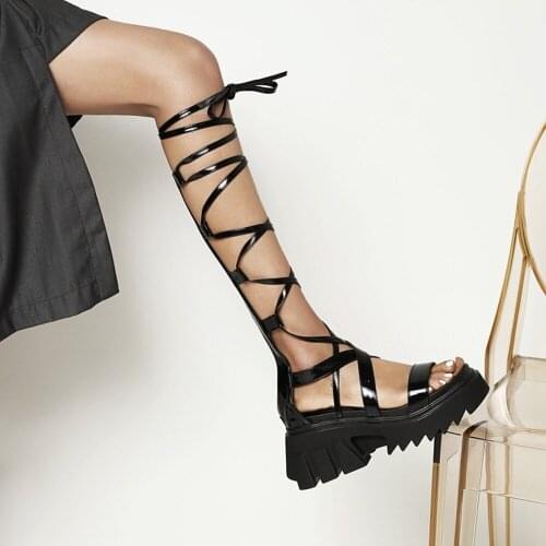 OLOMLB Knee High Sandals Lace Up Cross-strap Gladiators Roman Shoes Retro Womens Wedge High Heel Casual Hollow Out New 2021