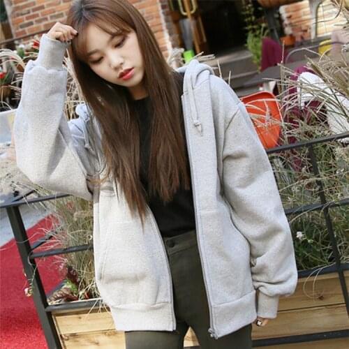 Zip-up Women Korean Style hoodies Vintage Solid Color Long Sleeve Oversized Hooded Sweatshirt Lady Women Casual Large Coats