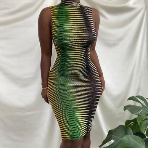 Women Summer Sleeveless Sexy See Through Bodycon Striped Package Hip Mini Vest Dress Sundress 2021 Female Clothing Streetwear