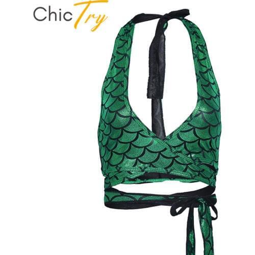 ChicTry Women Halter Strappy Wrap Around Bra Crop Top Shiny Mermaid Fish Scale Printed Club Party Rave Costume Pole Dance Tops